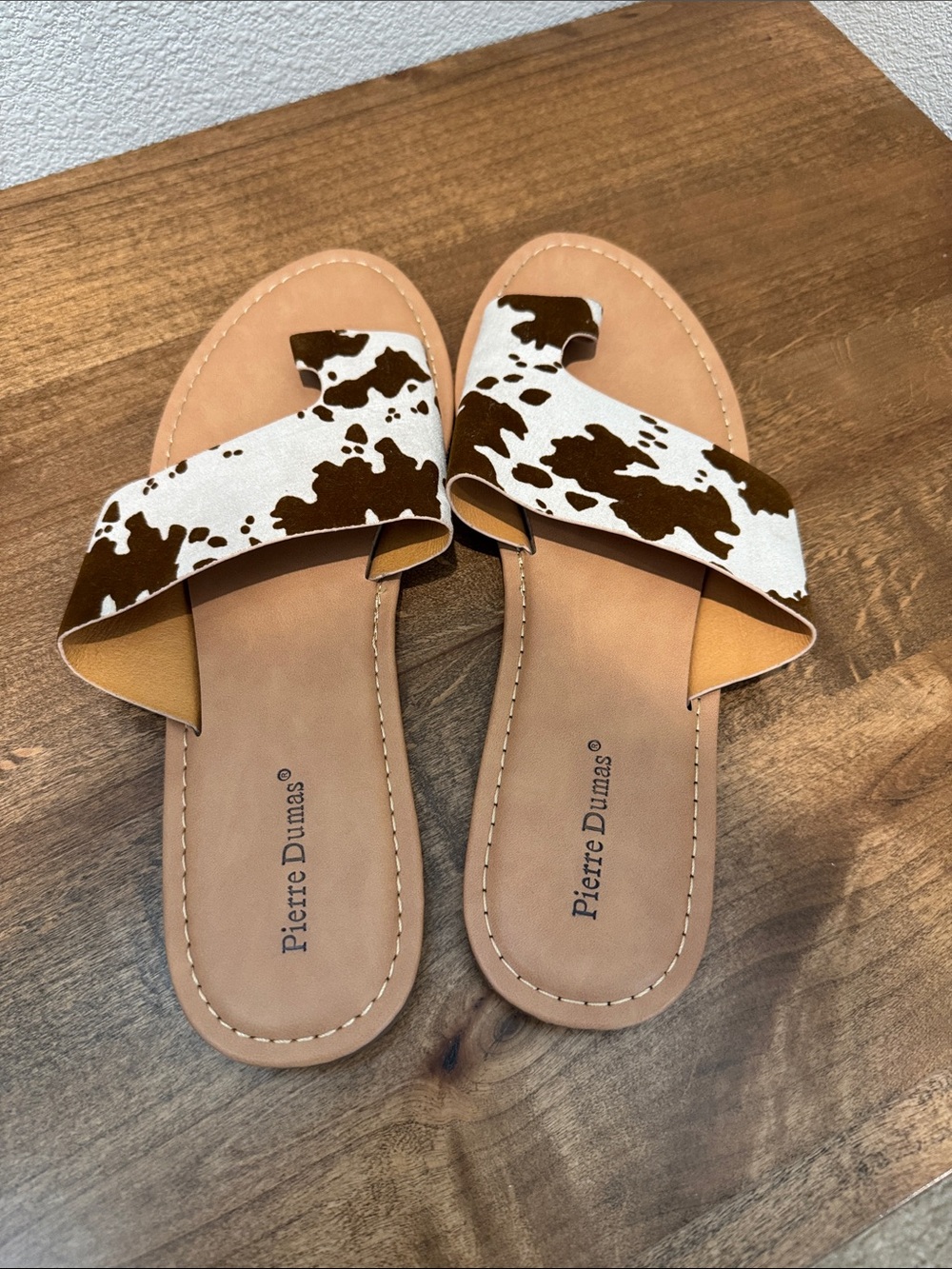 Pierre Dumas Brown and White Cow-Print Slide Sandals